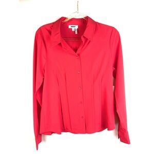 DKNY Women Medium Pink Coral Long Sleeve Button Blouse Pin Tucked Office Chic